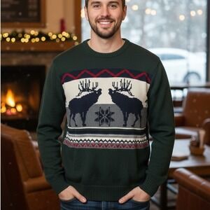 Dockers‎ Large $65 Green Moose Fair Isle Crew Neck Long Sleeve 100% Cotton Knit